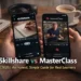 Person holding two smartphones displaying Skillshare and MasterClass apps side by side, representing a detailed comparison of online learning platforms for skills, creativity, and career growth