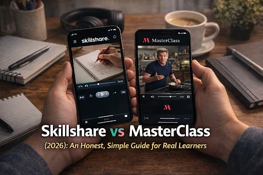 Person holding two smartphones displaying Skillshare and MasterClass apps side by side, representing a detailed comparison of online learning platforms for skills, creativity, and career growth