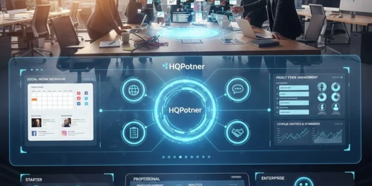 HQPotner all-in-one business management dashboard showing social media scheduling, project tasks, analytics charts, and team collaboration tools on a modern workspace screen