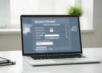 HDIntranet employee login screen concept showing secure corporate intranet dashboard on a laptop