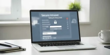 HDIntranet employee login screen concept showing secure corporate intranet dashboard on a laptop