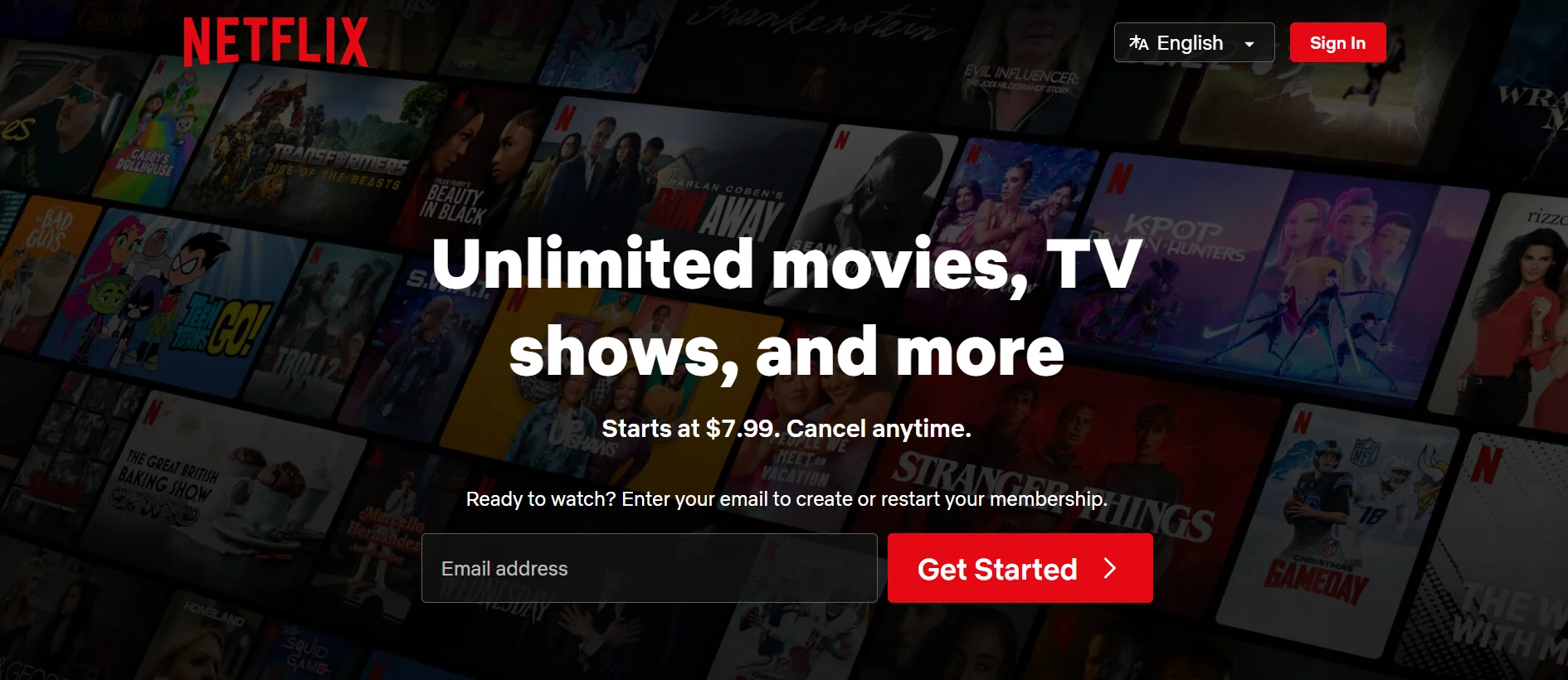 Netflix homepage offering unlimited movies, TV shows, and original content with subscription plans starting at $7.99, including 4K streaming and offline viewing options.