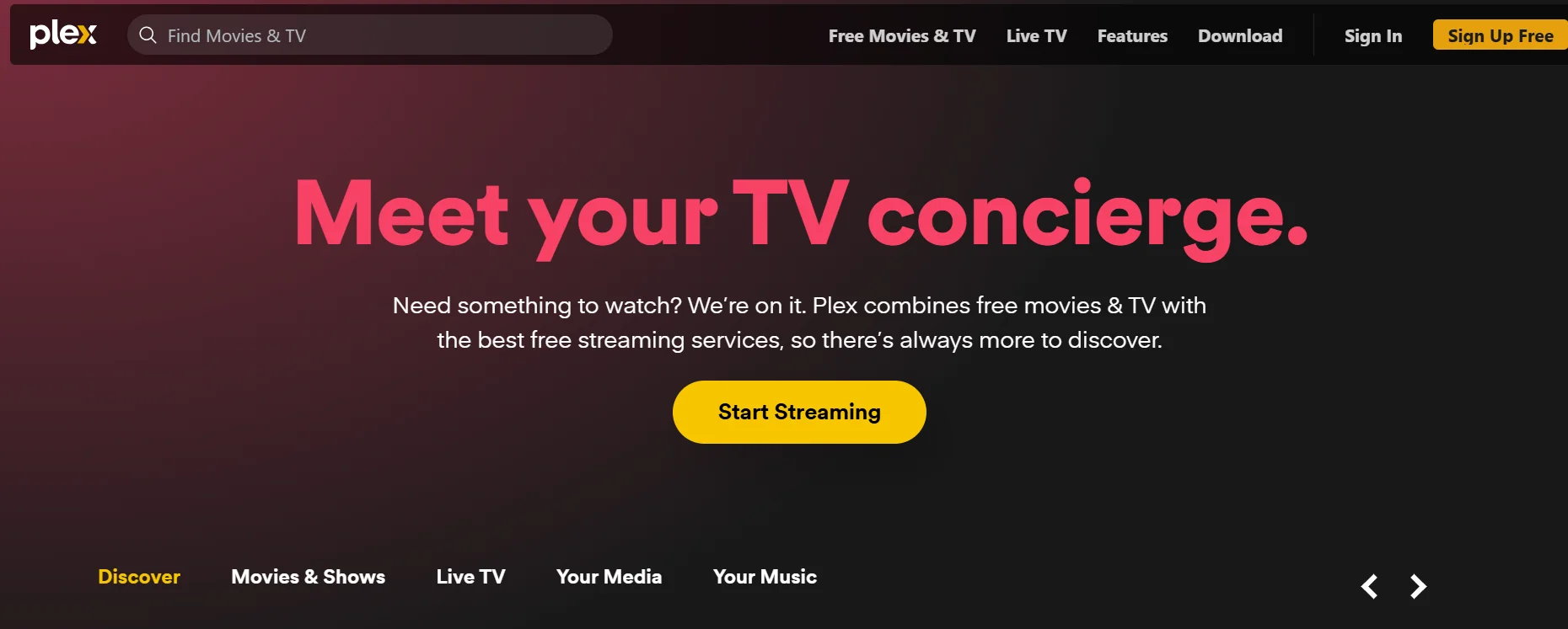 Plex website offering free ad-supported movies and TV shows, alongside features for personal media server setup and streaming across devices.