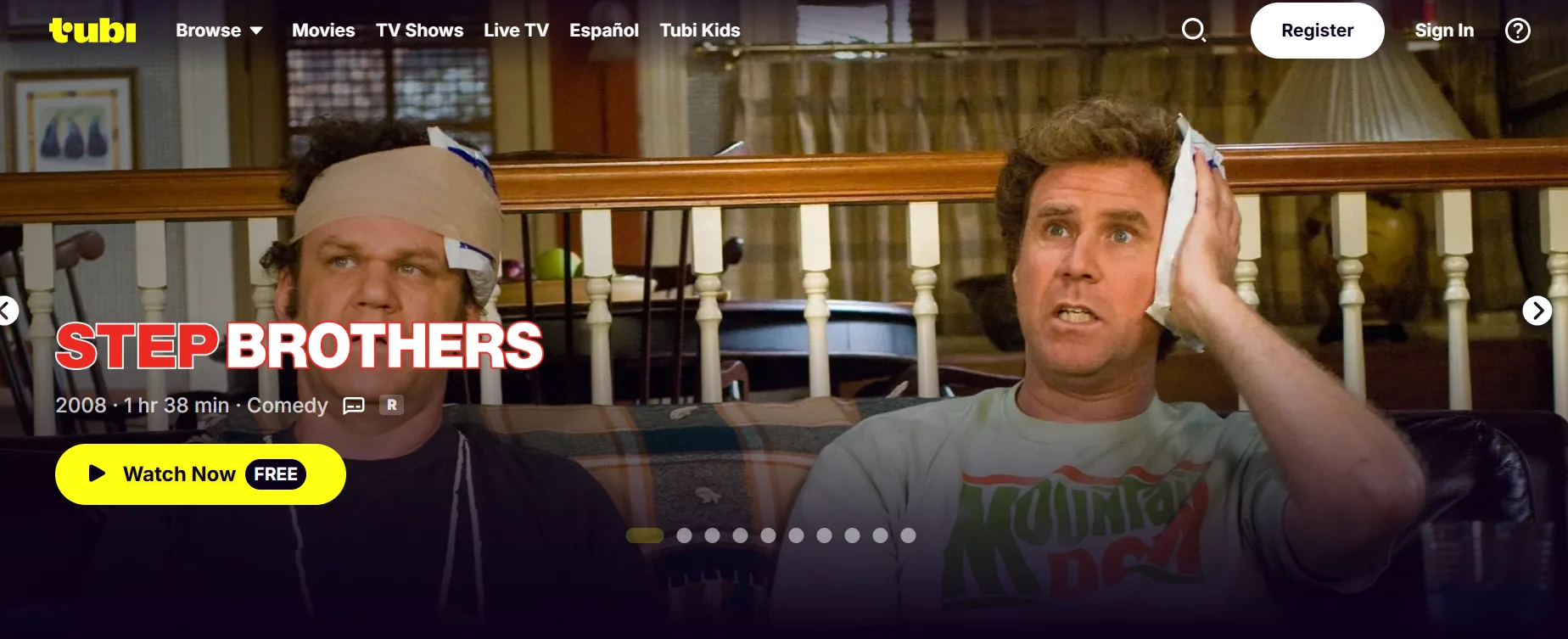 Tubi TV homepage featuring the movie Step Brothers, available for free streaming