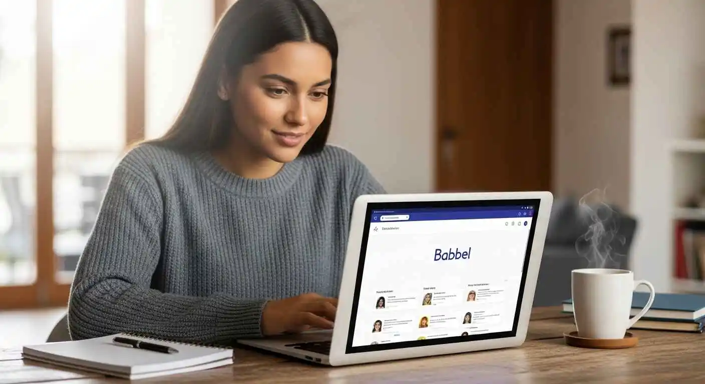 Babbel language-learning app displayed on a laptop as a student studies online at home.