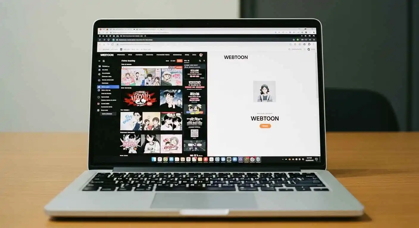 Side-by-side comparison of an unofficial webtoon website and the official WEBTOON platform on a laptop screen.