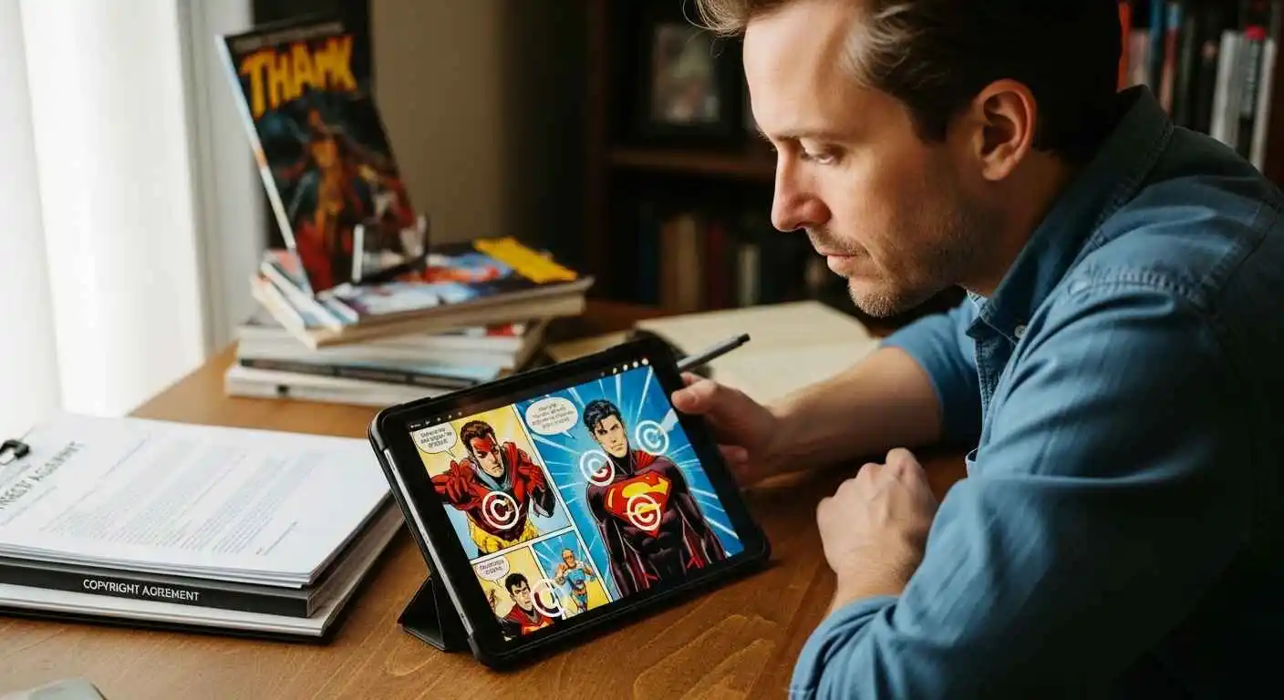 Creative professional reviewing digital comic artwork with copyright symbols and legal documents nearby.