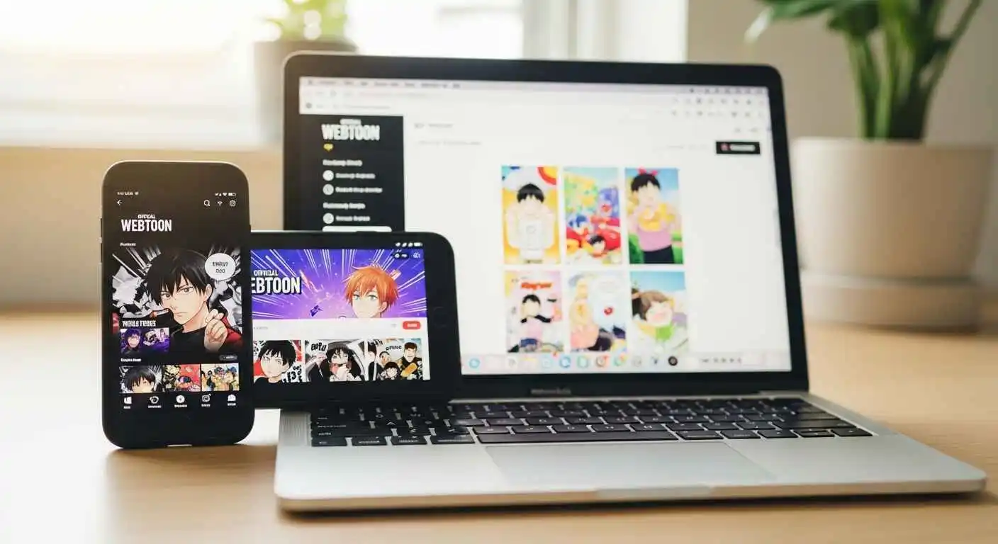 Smartphone and laptop displaying official webtoon platforms, representing safe and legal alternatives to Webtoon XYZ.