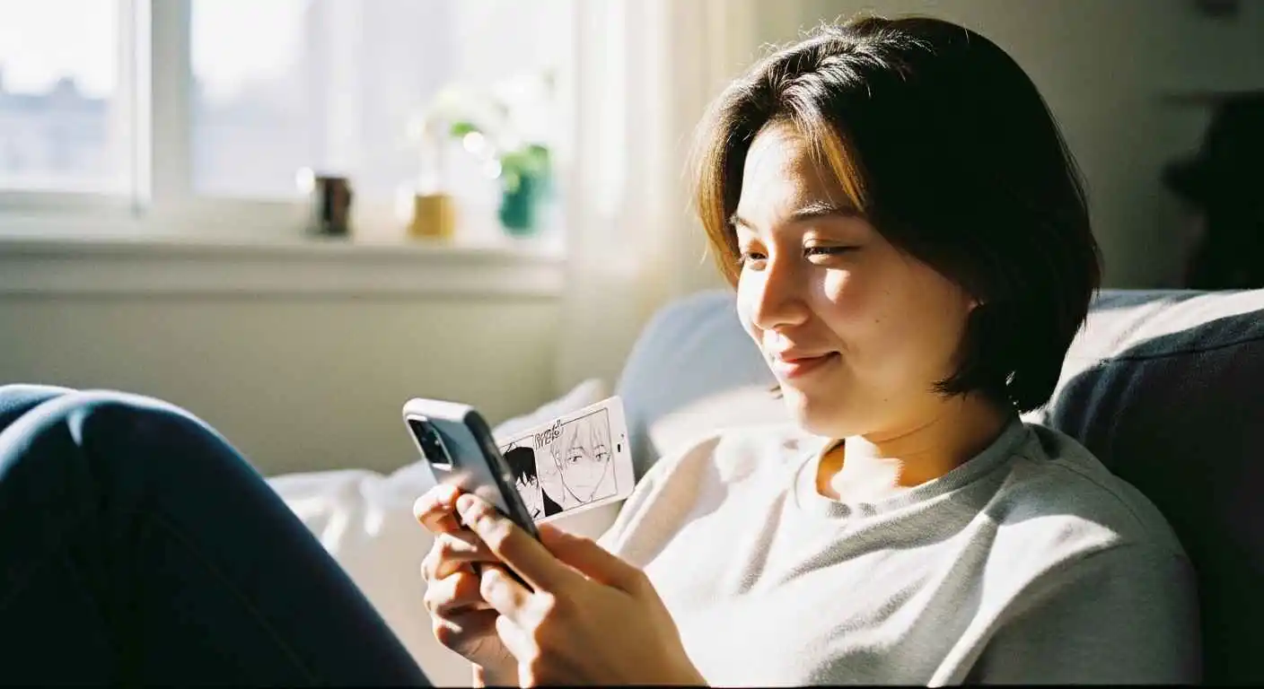 Person enjoying webtoons on a smartphone using free legal reading options from official platforms.