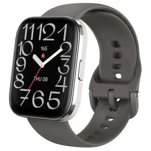 Amazfit Bip 5 smartwatch with gray silicone strap and large 1.91-inch AMOLED display showing time and heart rate – budget fitness watch under $150 with built-in GPS, 5ATM water resistance, and 11-day battery life