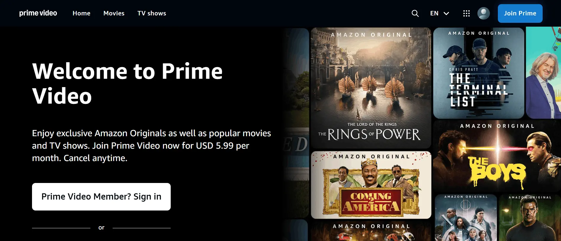 Prime Video streaming service interface highlighting Amazon Originals and popular movies and TV shows.