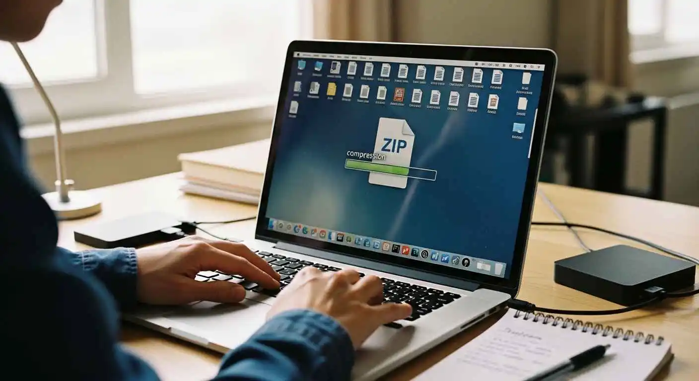 Person compressing documents into a ZIP file on a laptop before sending via email