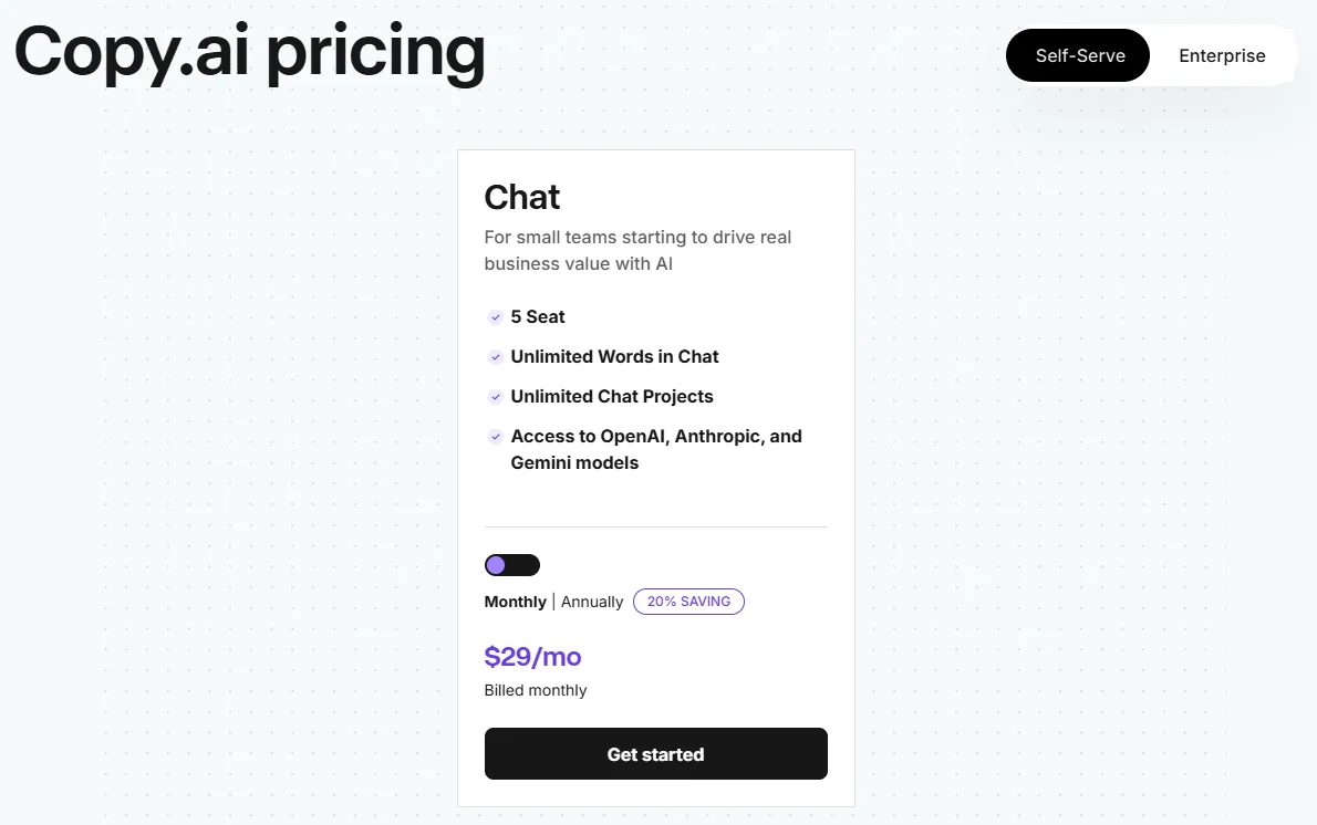 this image shows the pricing page of Copy.ai