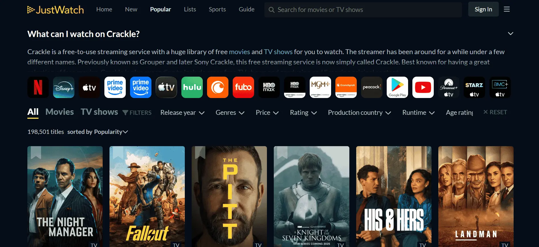 Crackle streaming platform homepage showing free Sony Pictures movies and TV shows with ad-supported access