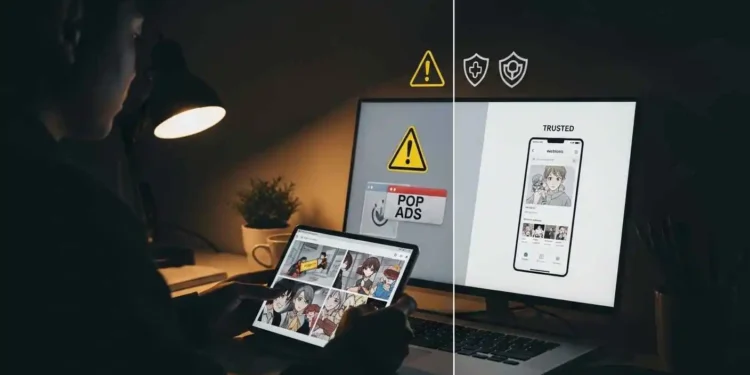 Webtoon XYZ safety and legal comparison showing malware risks, copyright concerns, and official webtoon alternatives in 2026
