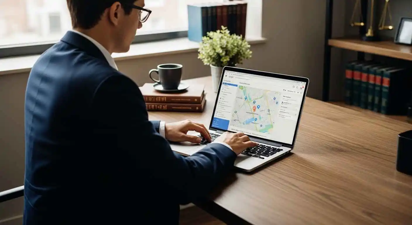 Lawyer optimizing Google Business Profile on laptop to improve local SEO and Map Pack rankings