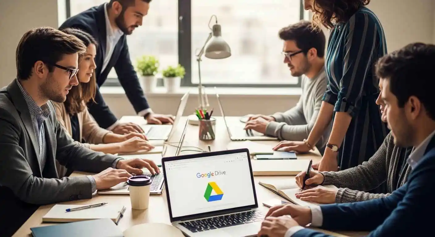 Team collaborating on laptops using Google Drive for secure file sharing and cloud storage in a modern office workspace