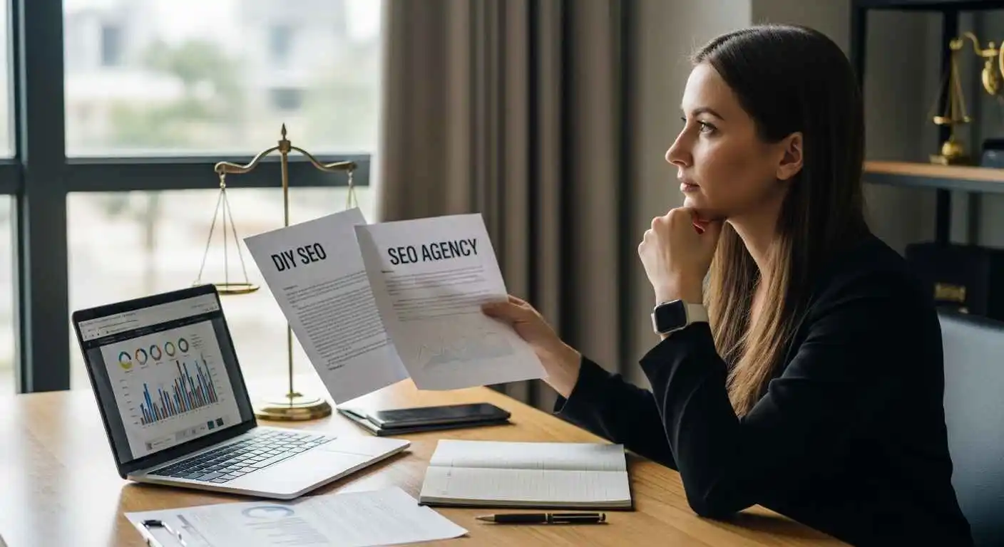 Small law firm owner comparing DIY SEO tasks with agency services on laptop screen