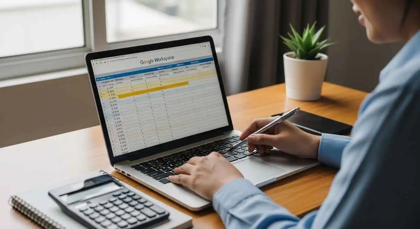 Google Workspace pricing plans comparison chart displayed on laptop screen with small business owner calculating monthly subscription costs in modern office
