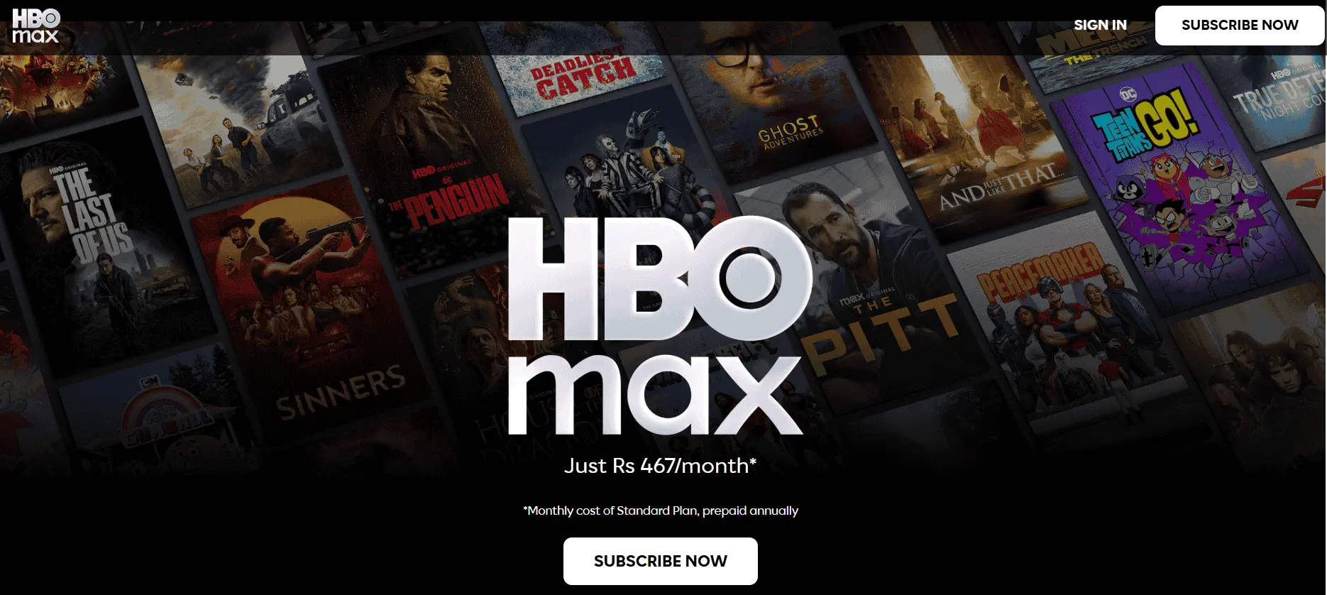 Promotional banner of Max (HBO) streaming service featuring popular HBO originals and Warner Bros. films, highlighting subscription pricing from $10.99 to $22.99 per month and showcasing premium drama and prestige television content.