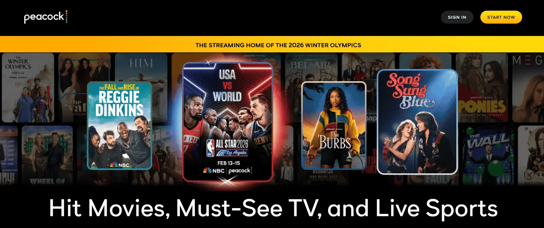 Peacock streaming homepage showing NBC shows, live sports, and limited free tier content with ads