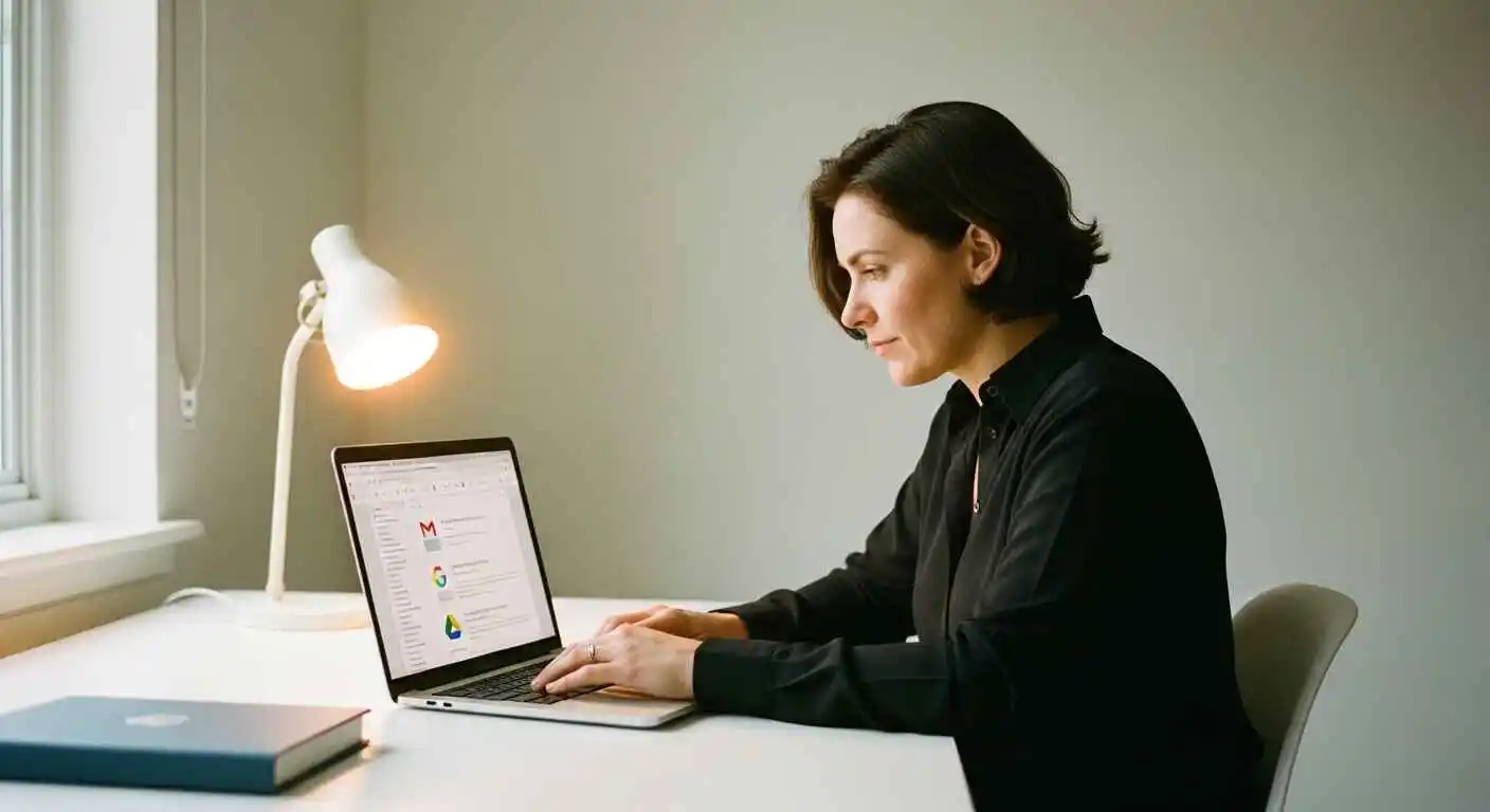 Confident small business owner working efficiently with Google Workspace apps open on laptop in modern office