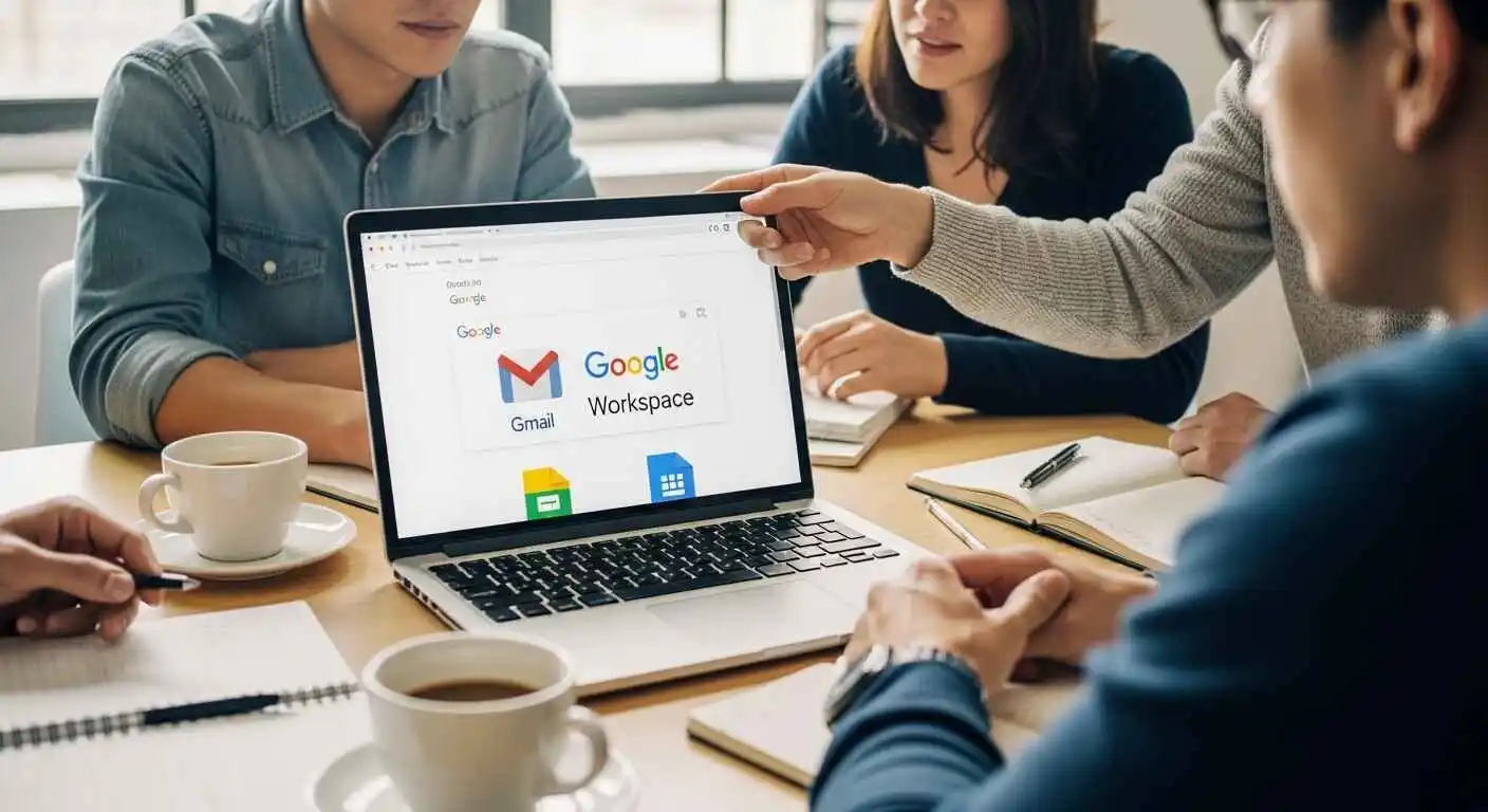 Small business team discussing essential Google Workspace features around laptop with documents and email interface visible on screen