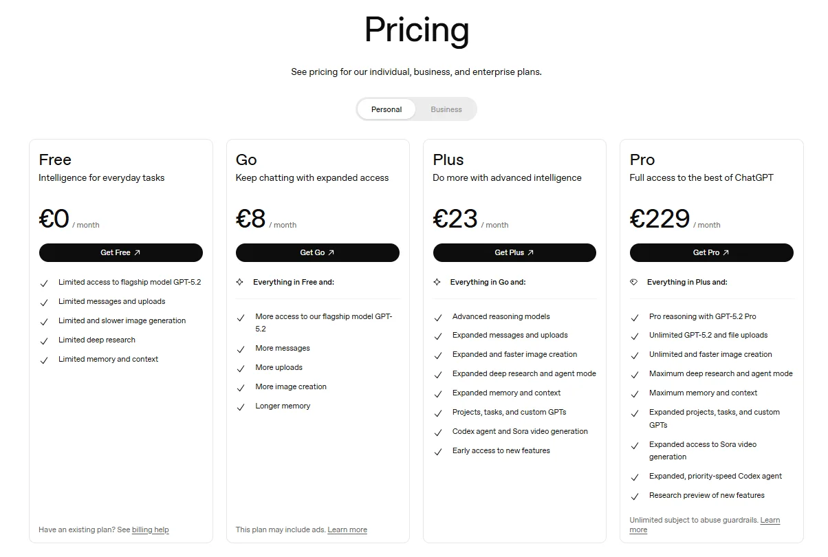 the image shows the pricing page of  chatgpt