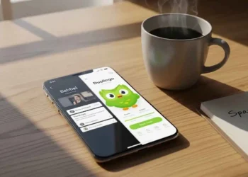 A split-screen comparison showing the Babbel and Duolingo apps on modern smartphones, highlighting the contrast between Babbel’s professional interface and Duolingo’s gamified design.