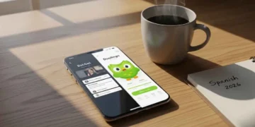 A split-screen comparison showing the Babbel and Duolingo apps on modern smartphones, highlighting the contrast between Babbel’s professional interface and Duolingo’s gamified design.