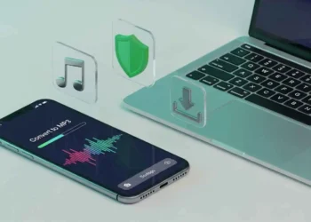 A high-quality 3D render representing a secure YouTube to MP3 conversion process, featuring a digital music wave, a download icon, and a shield symbol to symbolize safety and cybersecurity.