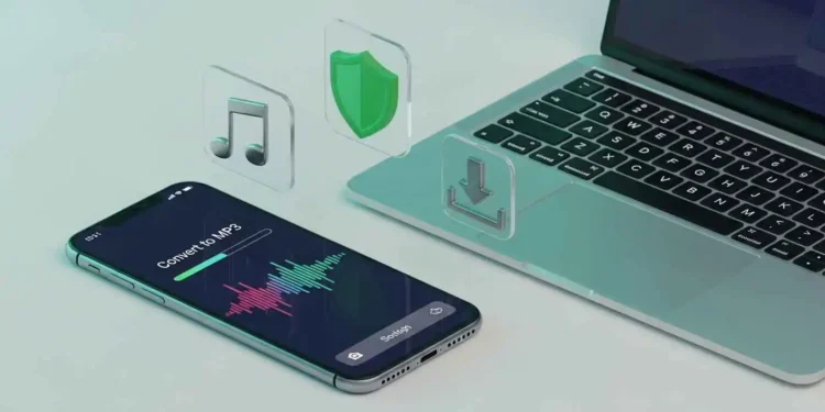 A high-quality 3D render representing a secure YouTube to MP3 conversion process, featuring a digital music wave, a download icon, and a shield symbol to symbolize safety and cybersecurity.