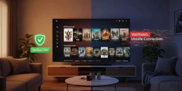 A high-quality split-screen visual comparing a secure, cinematic home theater experience with a digital "warning" shield, representing safe versus risky movie streaming sites in 2026.