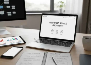 A modern home office desk with a laptop showing AI writing software interfaces and a $50 budget icon, representing affordable AI blogging tools.