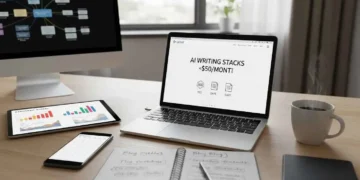 A modern home office desk with a laptop showing AI writing software interfaces and a $50 budget icon, representing affordable AI blogging tools.
