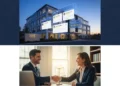 A professional split-screen conceptual image showing a modern law firm building, a Google Map Pack interface with high rankings, and an attorney shaking hands with a client in a sunlit office, representing law firm growth through local SEO.