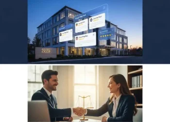 A professional split-screen conceptual image showing a modern law firm building, a Google Map Pack interface with high rankings, and an attorney shaking hands with a client in a sunlit office, representing law firm growth through local SEO.