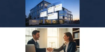 A professional split-screen conceptual image showing a modern law firm building, a Google Map Pack interface with high rankings, and an attorney shaking hands with a client in a sunlit office, representing law firm growth through local SEO.