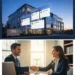 A professional split-screen conceptual image showing a modern law firm building, a Google Map Pack interface with high rankings, and an attorney shaking hands with a client in a sunlit office, representing law firm growth through local SEO.
