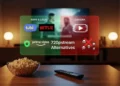 A side-by-side comparison of safe legal streaming services like Tubi and Netflix versus dangerous unlicensed sites with malware warnings, shown on a futuristic digital overlay in a cozy living room.