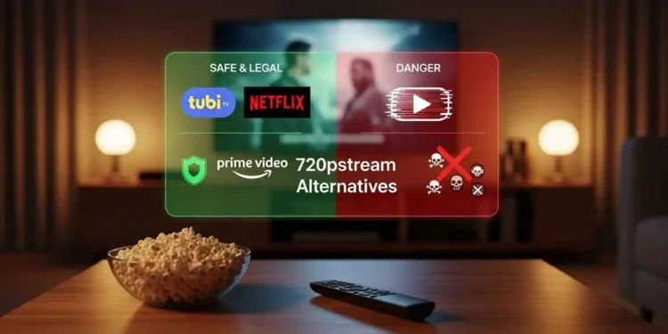 A side-by-side comparison of safe legal streaming services like Tubi and Netflix versus dangerous unlicensed sites with malware warnings, shown on a futuristic digital overlay in a cozy living room.