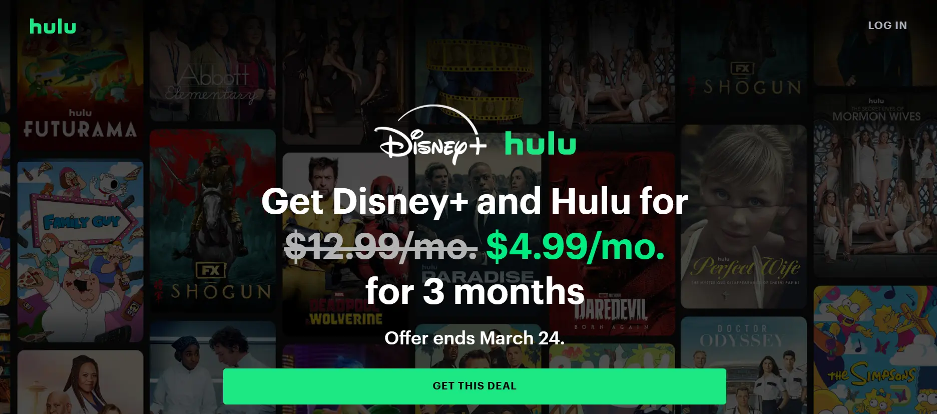 Promotional banner of Hulu streaming service featuring Disney+ and Hulu bundle offer, highlighting pricing from $9.99 to $18.99 per month with next-day access to current TV shows, 90,000+ episodes, and optional Live TV add-on.