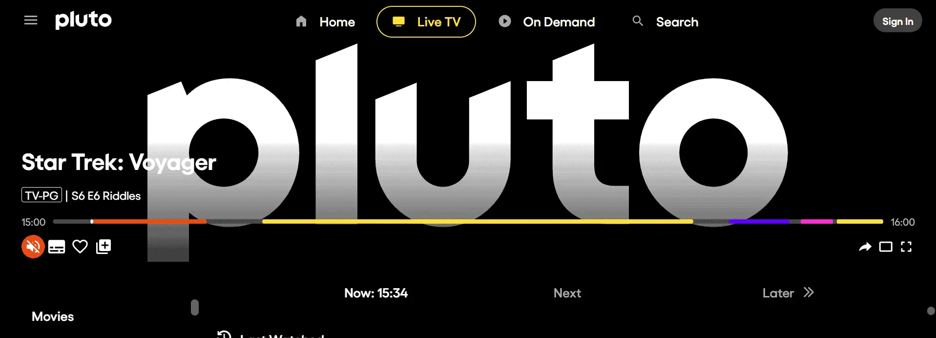 Pluto TV live TV streaming interface showing Star Trek Voyager episode with live channel guide and on-demand navigation menu
