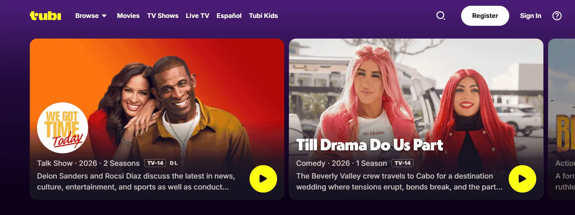 Tubi TV homepage showing free movies and TV shows available for streaming with ad-supported legal content platform interface