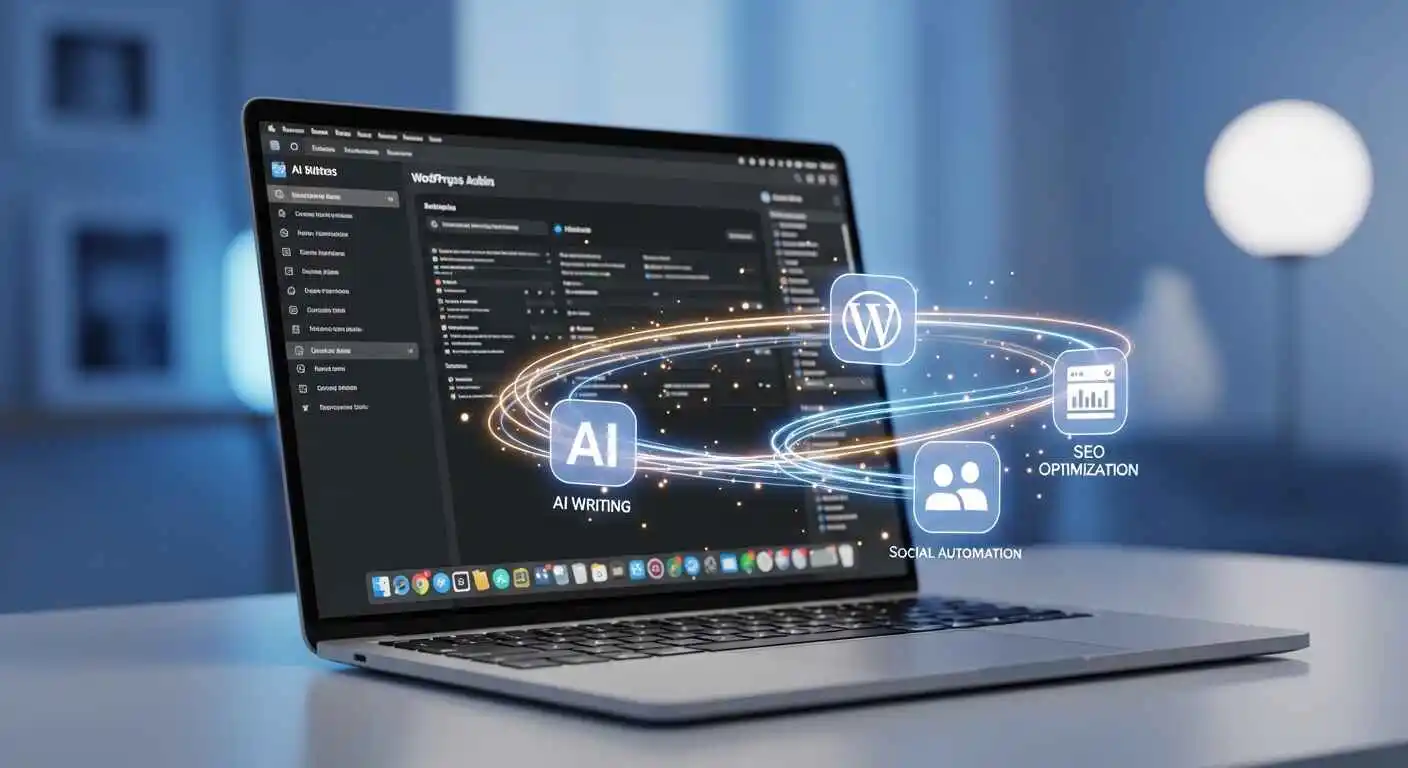 WordPress dashboard on a laptop screen showing AI writing integration, SEO optimization tools, and social media automation plugins for bloggers and content creators.