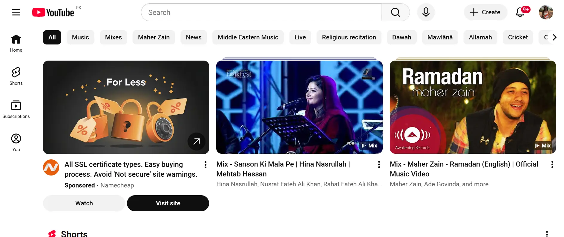 Screenshot of YouTube homepage showing live sports and music content, representing YouTube TV and Hulu + Live TV streaming services priced at $82.99–$89.99 per month, offering unlimited cloud DVR and full sports channel coverage including ESPN, Fox Sports, and NBC Sports.