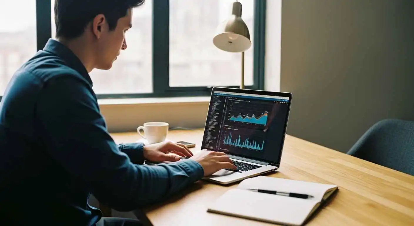 Data analyst working on laptop reviewing charts and code to evaluate mastery of data science skills in a modern workspace