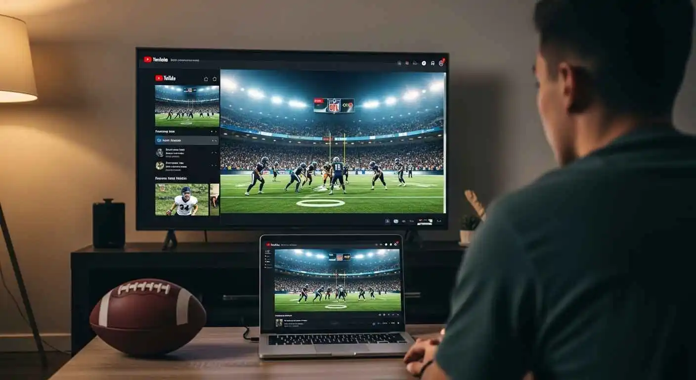Person watching live NFL football and international soccer matches on YouTube sports channel on laptop and smart TV