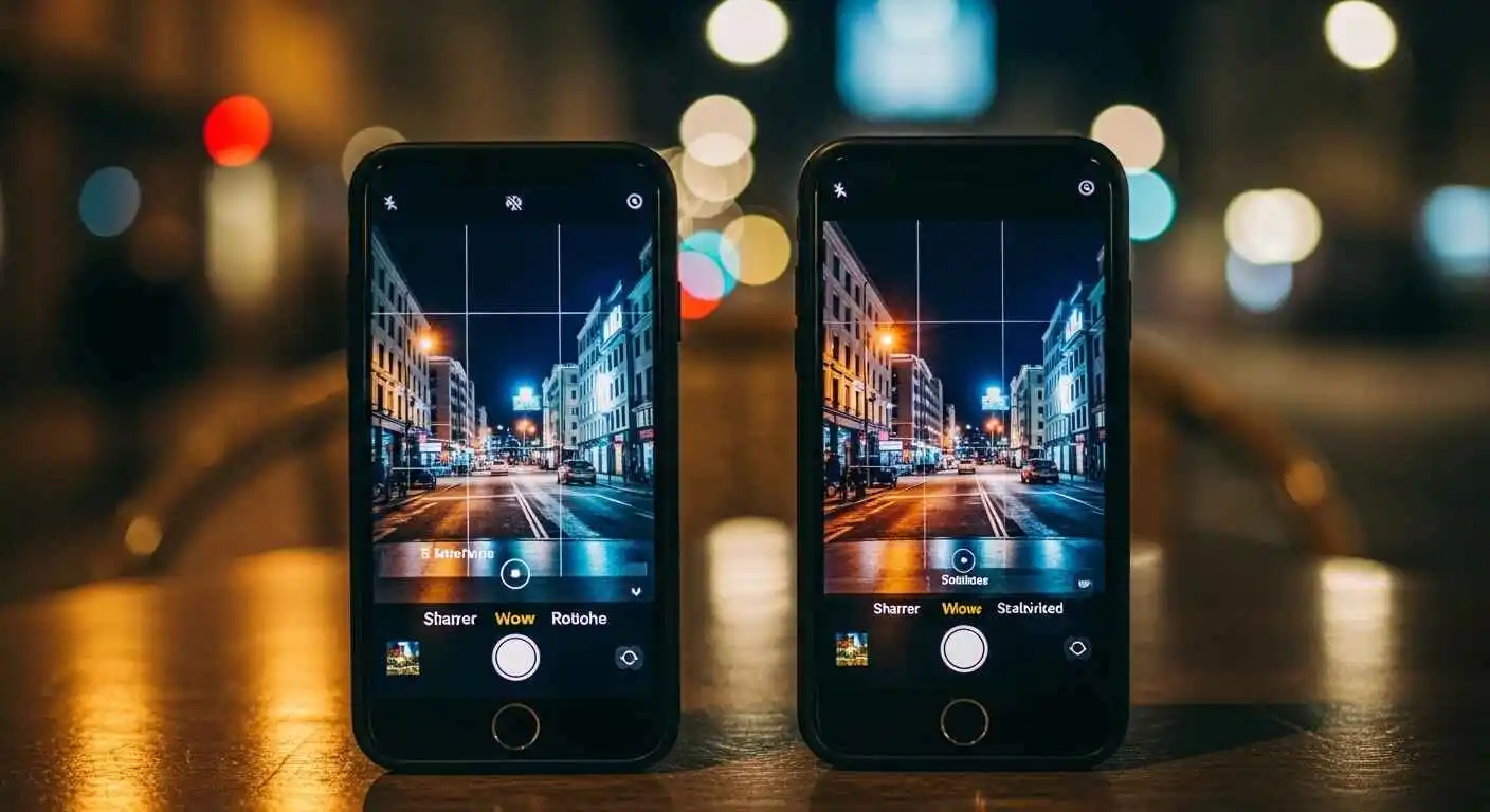 Side-by-side comparison of iPhone 17 and iPhone 16 camera performance capturing photos in low light conditions with improved night photography and video stabilization.
