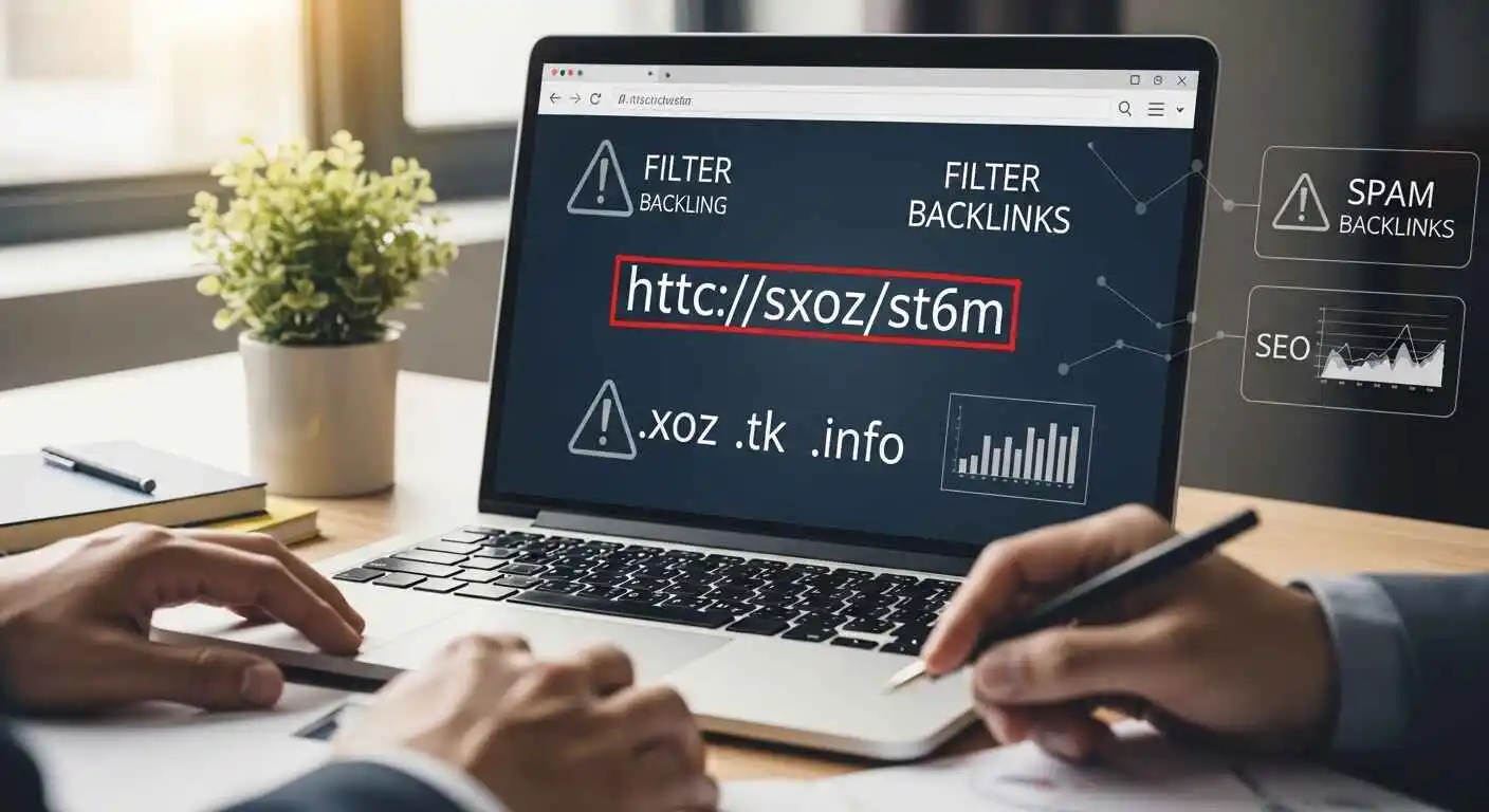 Illustration of domain extensions and spam backlinks being filtered in Google Search Console disavow process